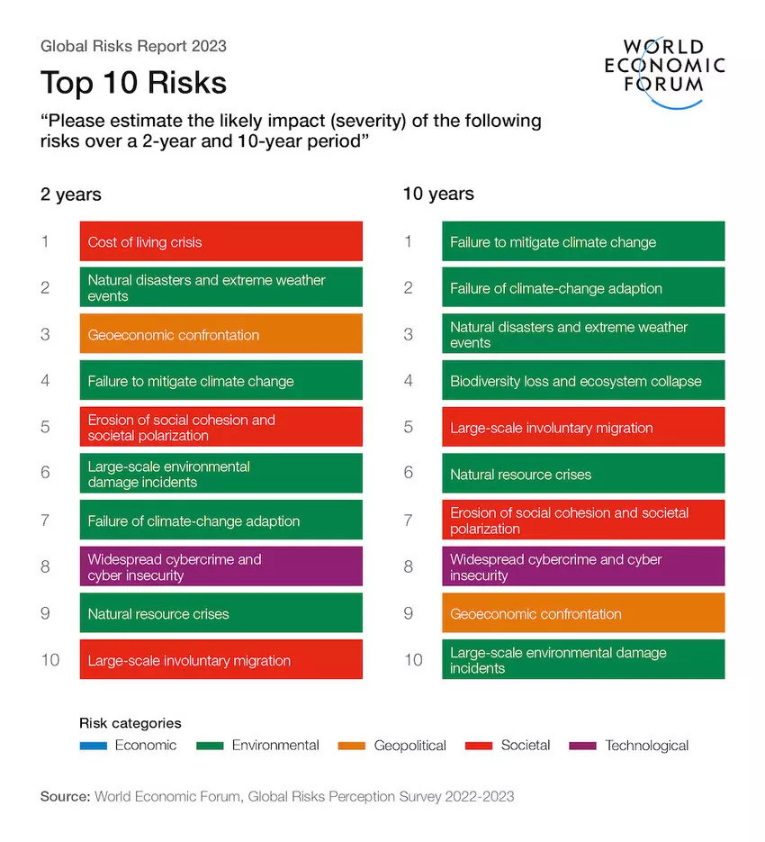 I primi 10 rischi globali rappresentano una grave minaccia a breve e lungo termine. Immagine: Forum economico mondiale.